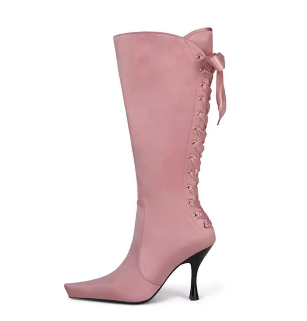 AIERTU  - Glam-Chic Design Blush Satin Pointed-Toe Knee-High Boots Lace-Up Bow Detail Elegant Stiletto Heel Romantic Soft Style Lady Boots Aiertu