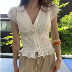 AIERTU  -  Fashionable Korean Style Splice Lace Trim Slim Fit Short Sleeve Top Women's Shirt Versatile Style Summer Deformation Aiertu