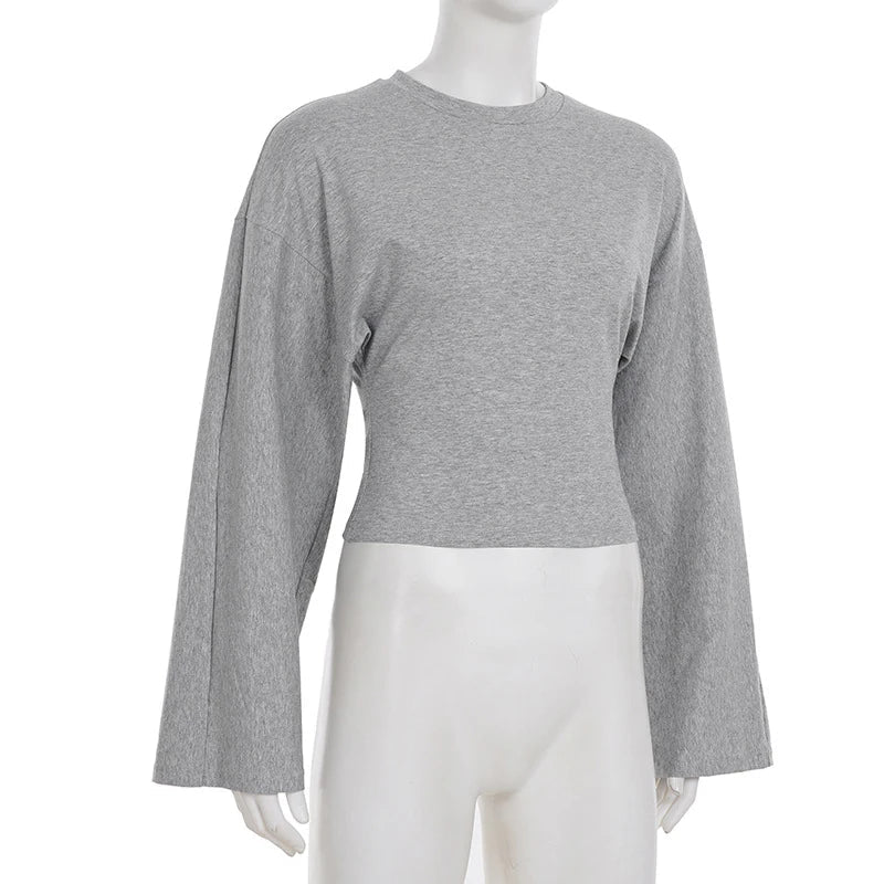 AIERTU - Casual Simple Long Sleeve Round Collar Solid Streetwear Women T-shirts Loose Early Autumn Basic Club Tops Clothing  Aiertu