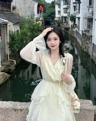 AIERTU  -  Spring/summer Women's New Milky White French First Love Long Skirt Fairy Skirt Gentle Style V-neck Slimming Drape Dress Aiertu