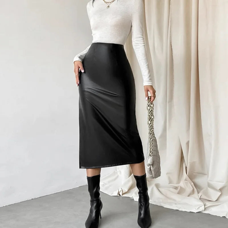 Aiertu Black Leather Skirts Women Fashion High Waist PU Long Skirt Splits Streetwear Autumn Female Elegant Solid Office Casual Aiertu
