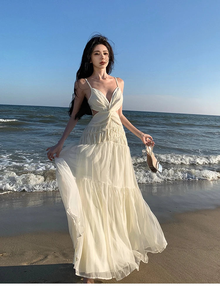 Aiertu Summer Beige Sexy Club Backless Women Elegant Pleated Slip Dress V-neck Slim Lace Up Sleeveless Evening Party Fairy Long Dresses Aiertu