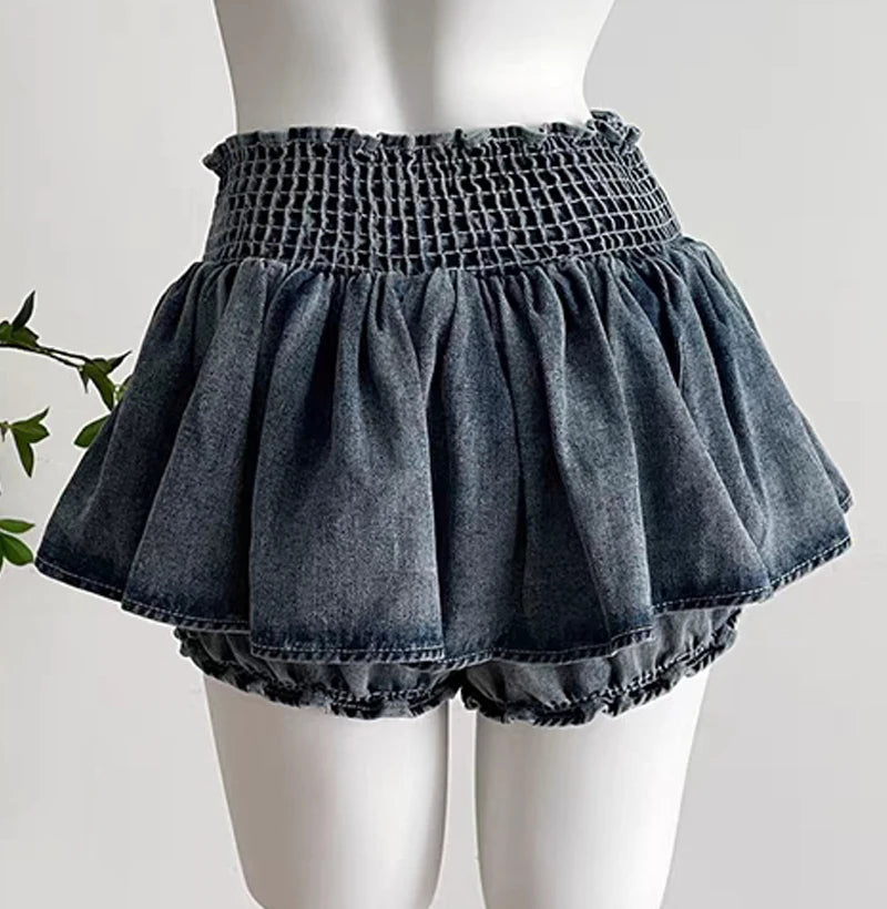 Aiertu Grunge Y2k Bow Denim Skirt with shorts Kawaii Women Vintage Gyaru Ruffle Low Waist Sexy Pleated Mini Skirts Summer Streetwear Aiertu