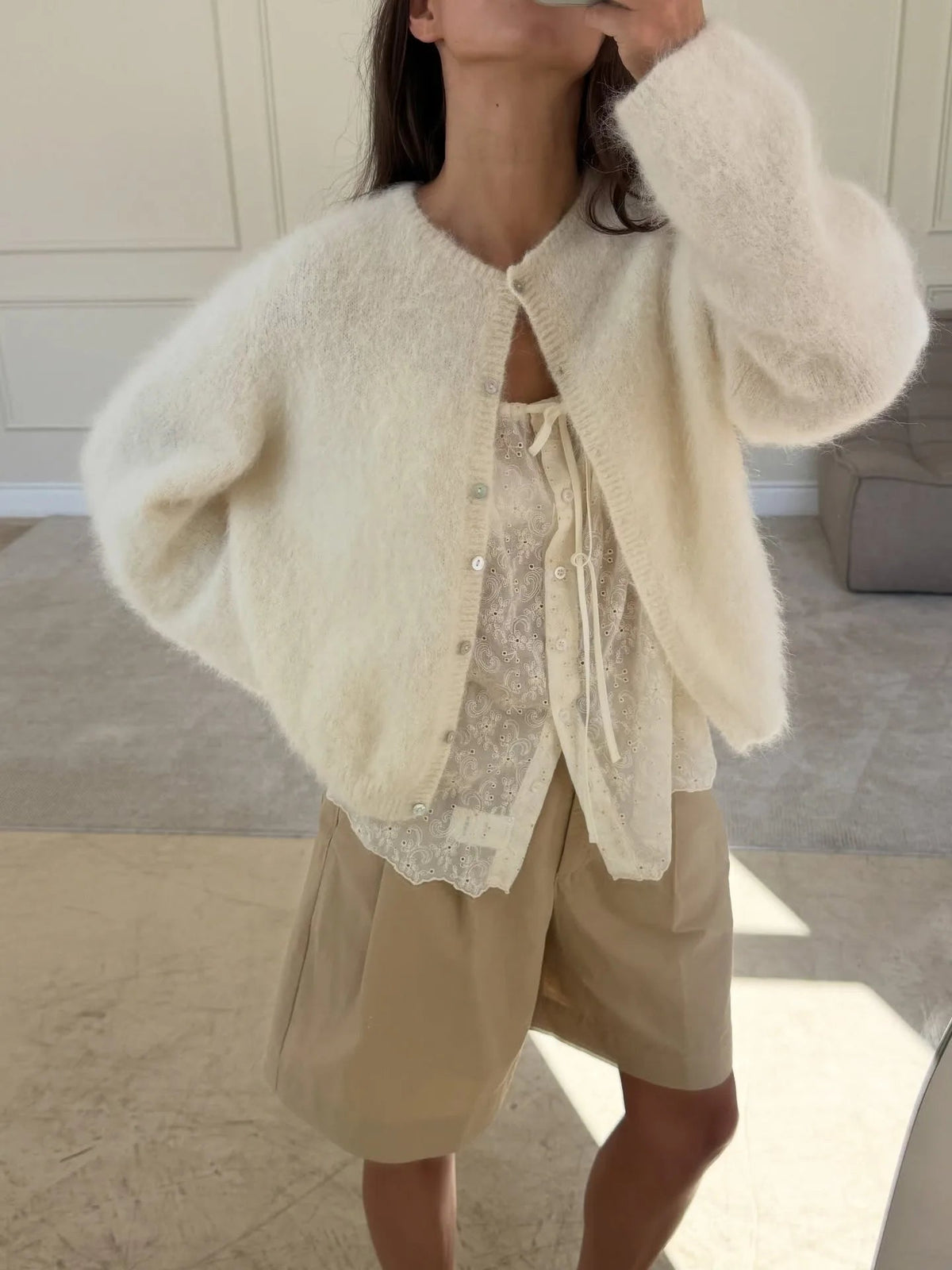AIERTU  -  New Lazy Style Wool Cardigan Women's Spring and Autumn Loose Round Neck Knitted Short Jacket Soft Long Sleeved Sweater Aiertu