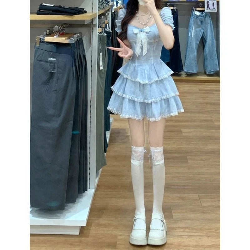 Aiertu 2024 Summer Sweet Kawaii Blue Plaid Dress Woman Lolita Lace Y2k Mini Dress Short Party Elegant One Piece Dress Korean Fashion Aiertu