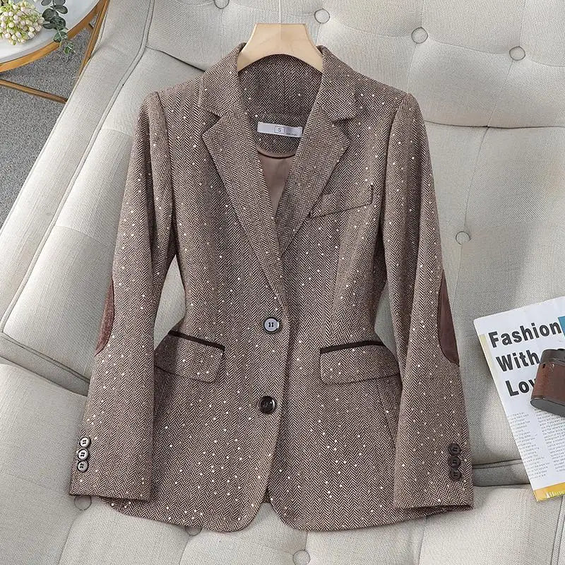 Aiertu 2024 Autumn Retro Gray Splice Plaid Sequins Blazers Coat For Women Brown Elegant Business Vintage Ladies Suit Jacket Fashion Y2k Aiertu