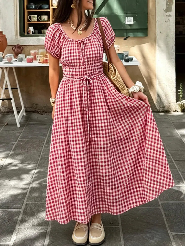 AIERTU  -  Elegant Long Bubble Sleeve Waist-Cinching Dress Women's Fashion Summer Casual Loose Fit A-Line Skirt Short Sleeve Aiertu