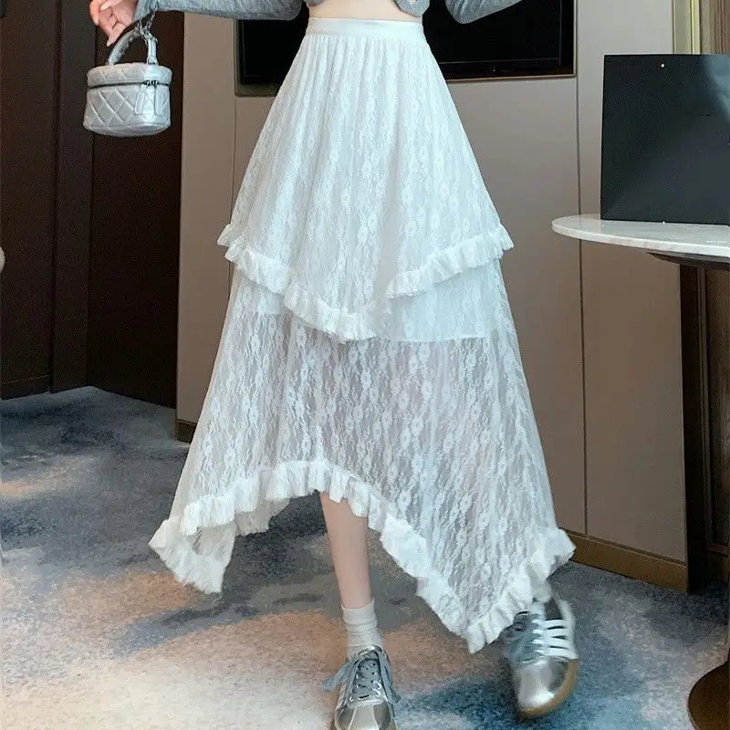 Aiertu Lace Fairycore Tulle Women Skirt Sweet Ruffle White Skirts Vintage Korean Style Streetwear Patchwork Irregular Skirt Aiertu