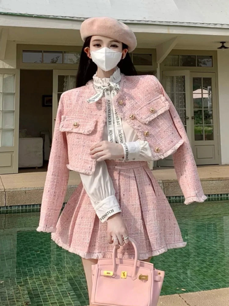 Aiertu High Quality Fashion Tassel Design Small Fragrance 2 Piece Sets Women Outfit Long Sleeve Short Jacket Coat + Pleated Skirt Suits Aiertu