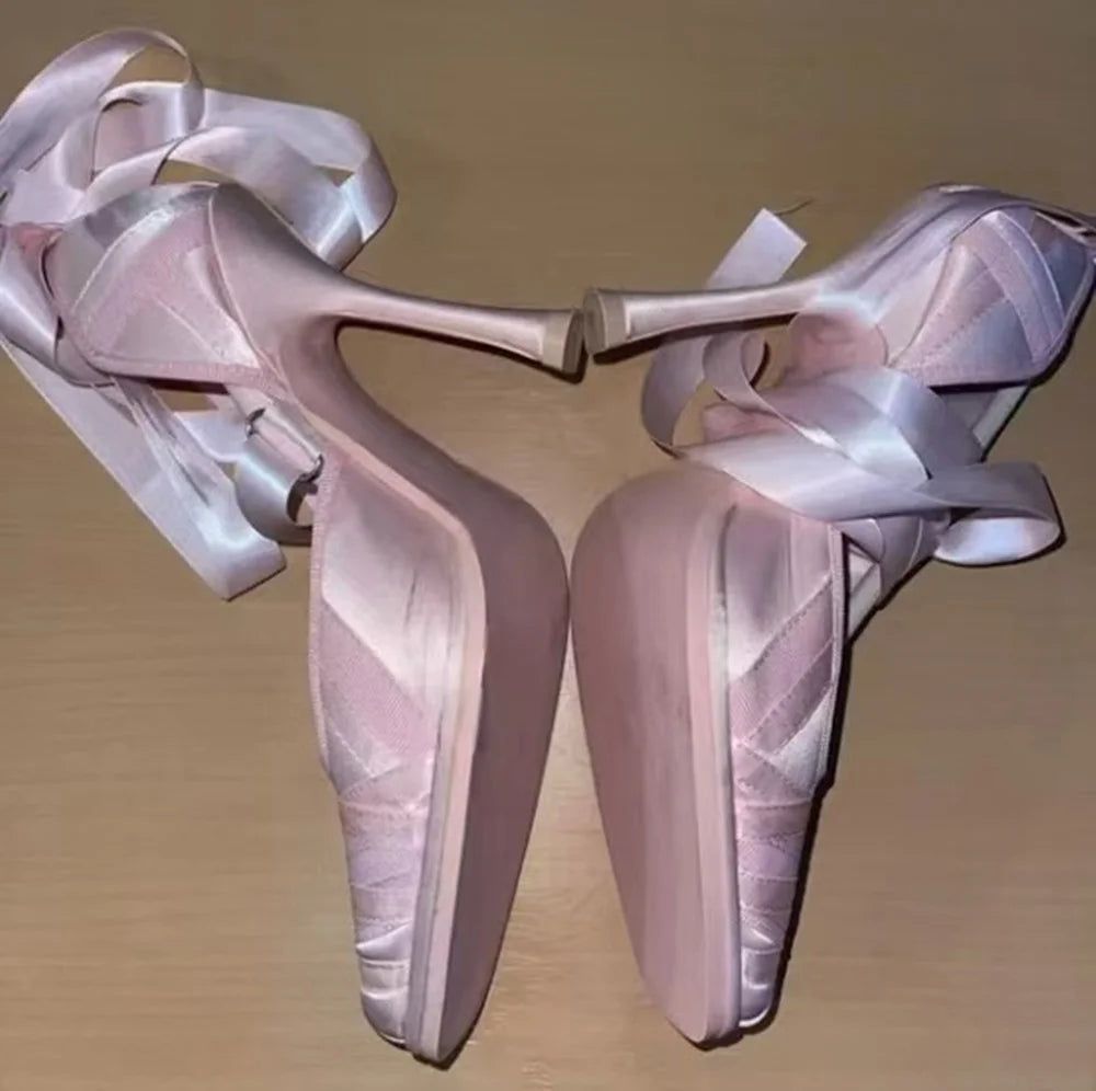 AIERTU  -  Romantic Ballerina Style Design Blush Satin Stiletto Heel Ballet Heels Long Ribbon Tie Wrapped Strap Design Elegant High Heels Aiertu