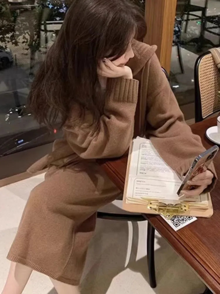 Women Knitted Sweater 2 Piece Suits Autumn Fashion Blouses Tops and Skirt Set Casual Elegant Female Hoodies Korean Outfits New Aiertu