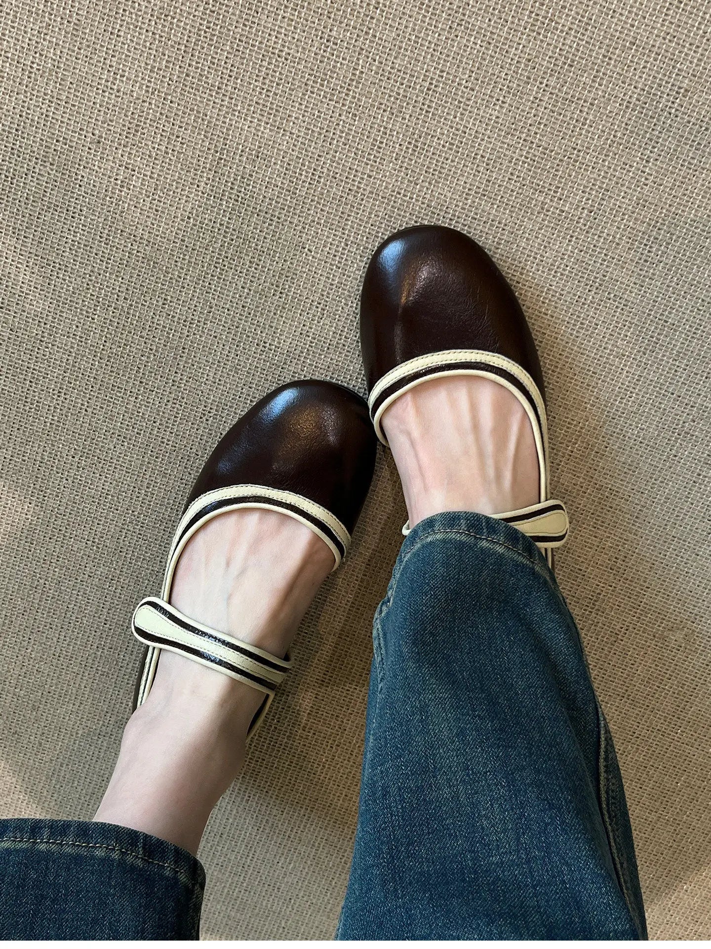 AIERTU  -  French Style Flat Bottom round Head Pearl Embellished Mary Jane Shoes Women's Slip-On Shoes with Magic Tape Spring New Arrival Aiertu