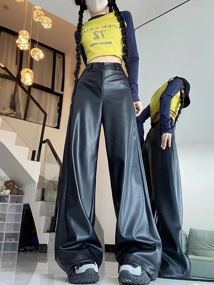 Aiertu PU Leather Straight Pant Black Women Autumn Wide Leg Leather Baggy Pants High Waist Casual Streetwear Loose Trousers Aiertu