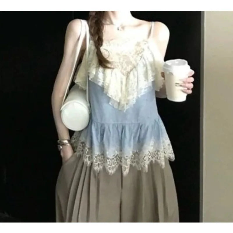 AIERTU  -  Beautiful Version of Heavy Industry Lace Splicing Ruffle Edge Pure Desire Suspender Top Aiertu