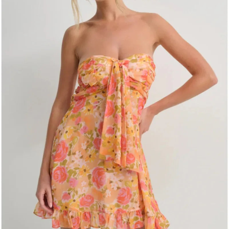 AIERTU  -  New Sexy French Print Translucent Floral Tube Top A-shaped Dress Dress Aiertu