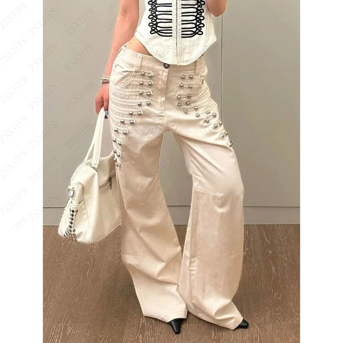 AIERTU  -  Subculture Gothic Cargo Pants Women High Waist Wide Leg Metal Buckle Full Length All Seasons Long Pants Trousers Pockets Casual Aiertu