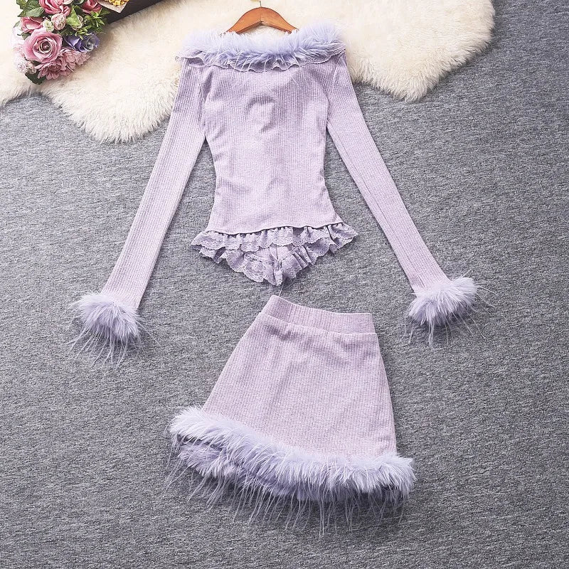 AIERTU  -  Y2k Purple Skirts Sets Autumn Winter V Neck Two Pieces Set Women Outfits Korean Fashion Retro Elegant Conjunto Femenino Aiertu
