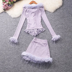 AIERTU  -  Y2k Purple Skirts Sets Autumn Winter V Neck Two Pieces Set Women Outfits Korean Fashion Retro Elegant Conjunto Femenino Aiertu