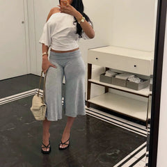 AIERTU  -  Women's Pleated High Waist Casual Solid Color Midi Flare Pants Y2K Overlap Summer Loose Fit Loungewear Bottoms Aiertu