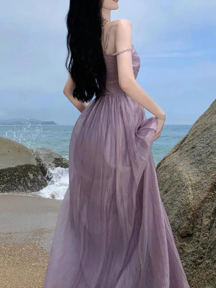 Aiertu Summer Purple Fairy Evening Party Long Dress Women Vintage Sexy Dresses Ladies Spaghetti Strap Tulle Pleated Dress Backless New Aiertu