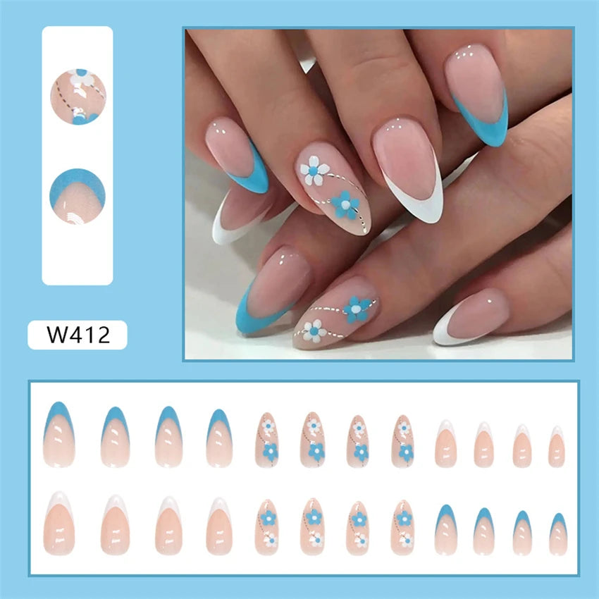 Aiertu 24pcs/Box Ballerina Nail Tip Purple with Design Manicure Patches Fresh Floral Almond False Nails Press on Med Nails Detachable Aiertu