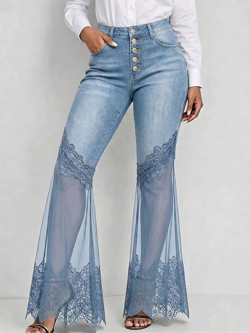 AIERTU  -  Blue Micro Flared Jeans Women High Waisted Multi Breasted Mesh Patchwork Denim Pants Vintage Slim Fit See Through Lace Trousers Aiertu