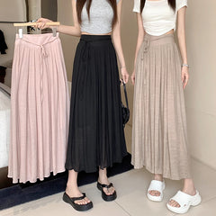 Aiertu Women Elegant High Waist Maxi Lace Up Skirt Summer Ladies Casual Elastic Waist Pleated Long Skirts Fairy A-line Mid Length Aiertu