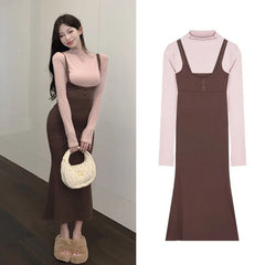 Aiertu DRESS TO IMPRESS Street Sexy Suspender Dress Women Autumn Winter Waist Tight Spice Girl Mermaid Skirt Bottom Long Sleeve T-Shirt 2 Piece Set Aiertu