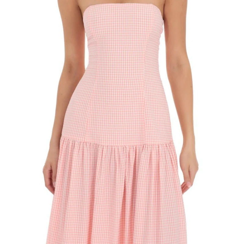 AIERTU  -  Pink Elegant Maxi Long Dresses Pleated Ruched Off Shoulder Women A-Line Party Vintage Gingham High Street  Slash Sexy Summer Aiertu