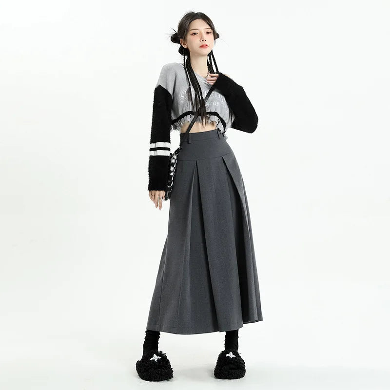 Aiertu Vintage Grey Suit A-line Skirt Women's Spring Autumn College Style High Waist Pleated Mid Length Skirt Femal aiertu
