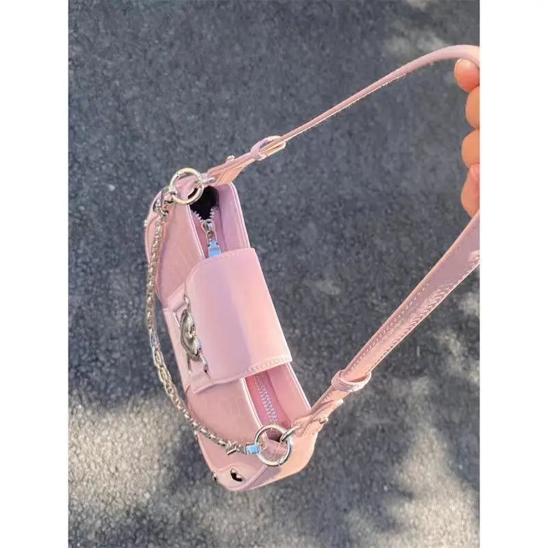 Hot Grils Y2k Handbag Women Vintage Sweet Cool Heart Chain Pink Underarm Bag Female Fairycore Aesthetic Shoulder Bag new Aiertu