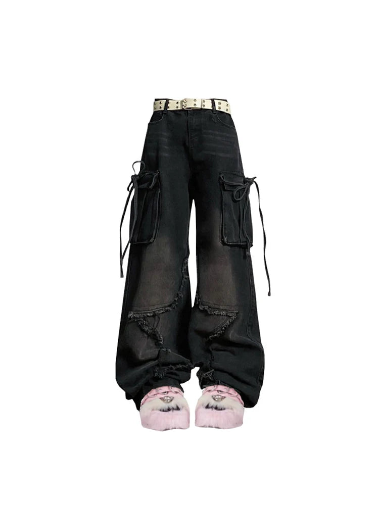 Aiertu Women Blue Cargo Jeans Baggy Vintage 90s Aesthetic High Waist Cowboy Pants Harajuku Denim Trousers Y2k Trashy 2000s Clothes 2024 Aiertu