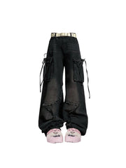Aiertu Women Blue Cargo Jeans Baggy Vintage 90s Aesthetic High Waist Cowboy Pants Harajuku Denim Trousers Y2k Trashy 2000s Clothes 2024 Aiertu