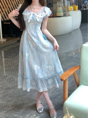 Aiertu Kawaii Japanese dress lolita y2k Sweet Blue Floral Dress Women Casual Evening Party One Piece Dress Korean Fashion Summer 2024 Aiertu