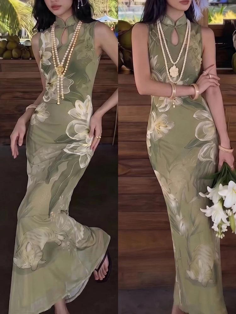 AIERTU  -  Fashion Party Gown Dress Women Hollow Frog Button Stand-Up Collar Floral Print Sleeveless Classic Elegant Chic Vestidos Aiertu