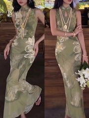 AIERTU  -  Fashion Party Gown Dress Women Hollow Frog Button Stand-Up Collar Floral Print Sleeveless Classic Elegant Chic Vestidos Aiertu
