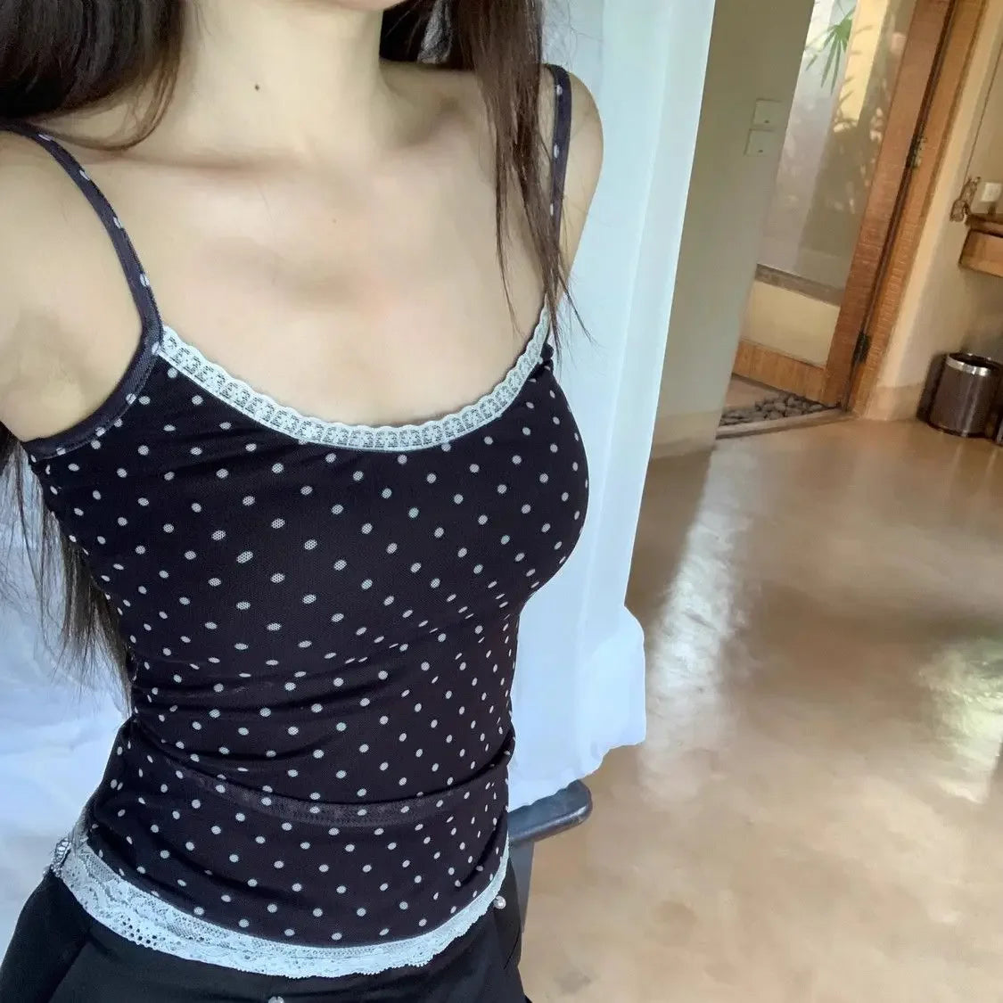 Aiertu Kawaii Sweet Lace Tanks Women Korean Fashion Y2k Harajuku Streetwear Polka Dot Printing Slim Tees Tops Soft Hot Gril 2024 Aiertu