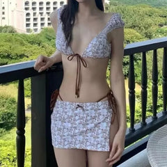 AIERTU  -  Floral Print Triangle Cup Bikini Set Lingerie Sexy Strap Slim Fit And Low Waist Women Summer Sweet Beach Party Vacation Swimsuit Aiertu
