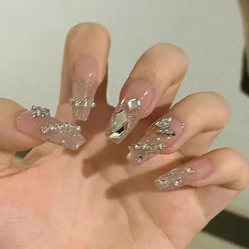 Aiertu 24Pcs Valentine Nails Press on Love Y2k Acrylic Nails Sparkle Butterfly French Cat Eye Almond Full Cover Stick on False Nail Tip Aiertu