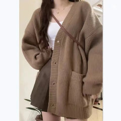 Aiertu Autumn Winter Women Cardigan Sweater Coats Fashion Female Long Sleeve V-neck Loose Knitted Jackets Casual Sweater Cardigans Aiertu