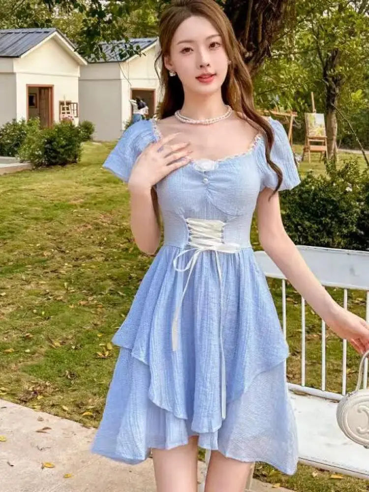 Aiertu Square Collar Dresses Women 2024 Summer Korean Sexy Slim Elegant Fashion Casual Short Sleeve High Waist Fairy Dress Trend Aiertu