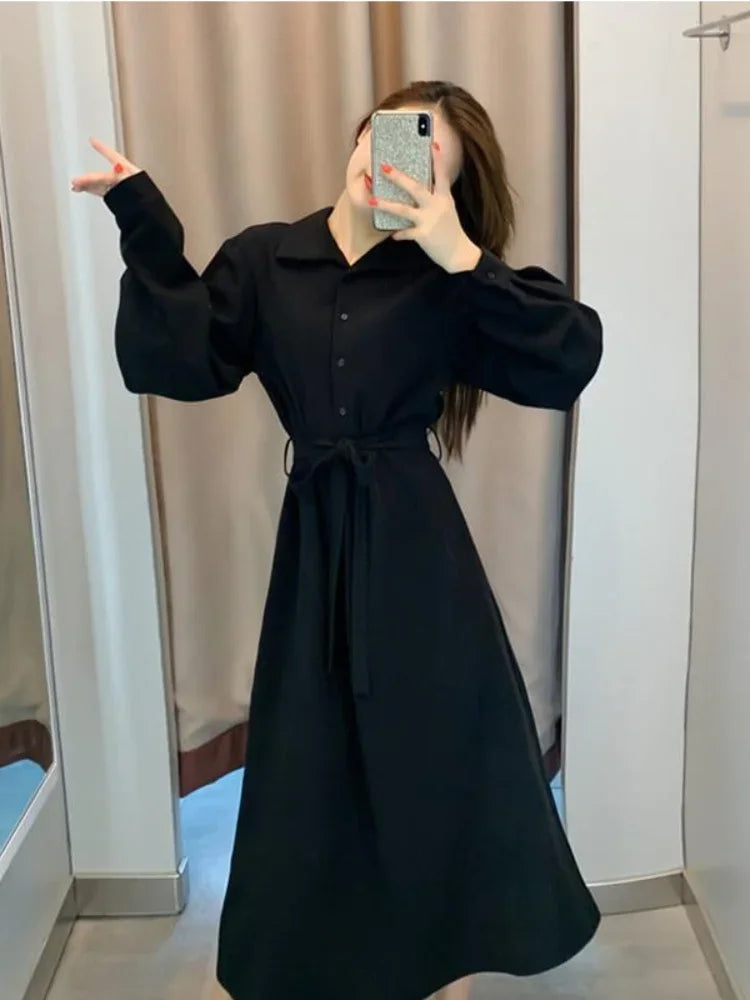 Aiertu Polo Black Shirt Dress Women Vintage Casual Long Sleeve Party Dresses Elegant Kpop Fashion Harajuku Robe Female Aiertu