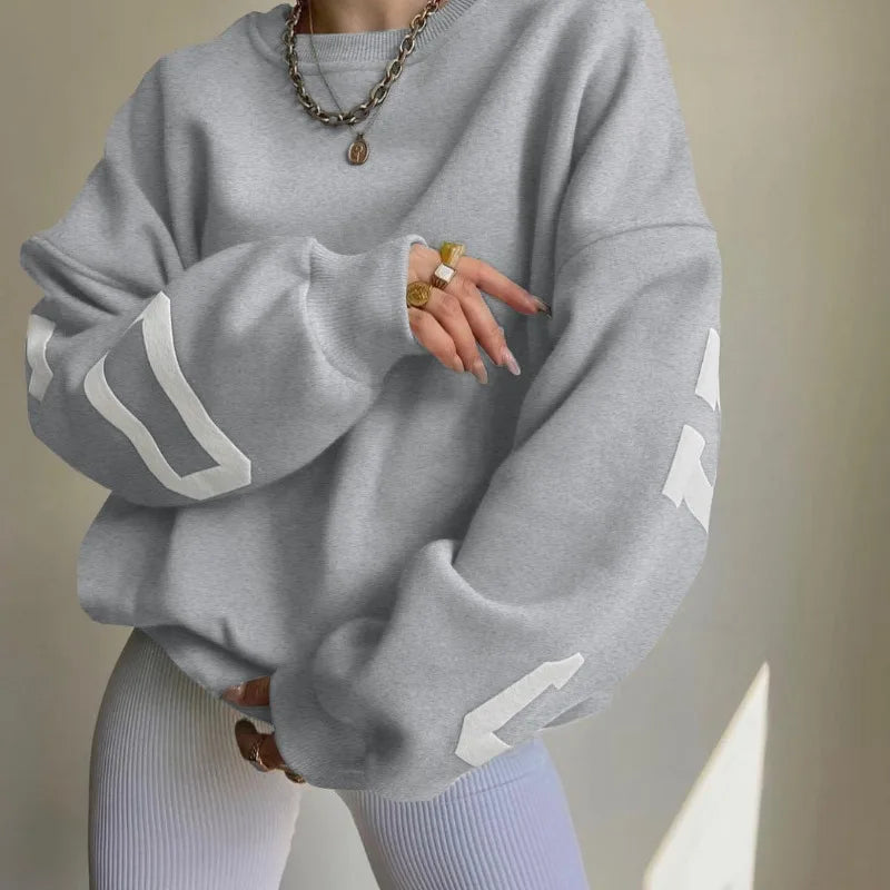 Aiertu Autumn and Winter Women's Pullover Round Neck Loose Letter Print Screw Thread Long Sleeve Underlay Fashion Casual Commuter Tops Aiertu