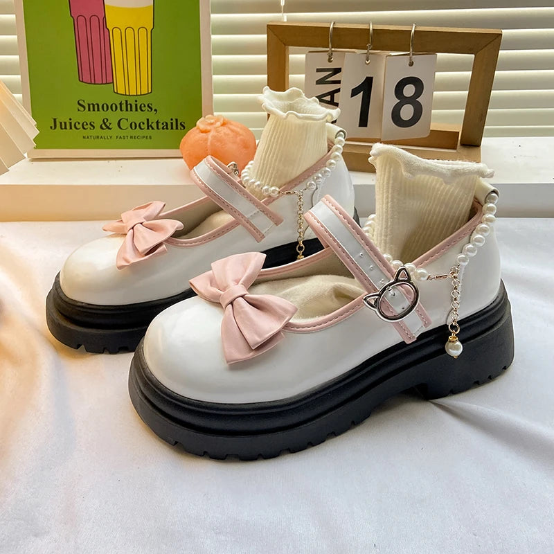 Aiertu Summer Female Shoes Fashion Mary Jane Shoes Round Head Band Heel Shoes Women Bow Pearl Square Heel Low-top Pumps Aiertu