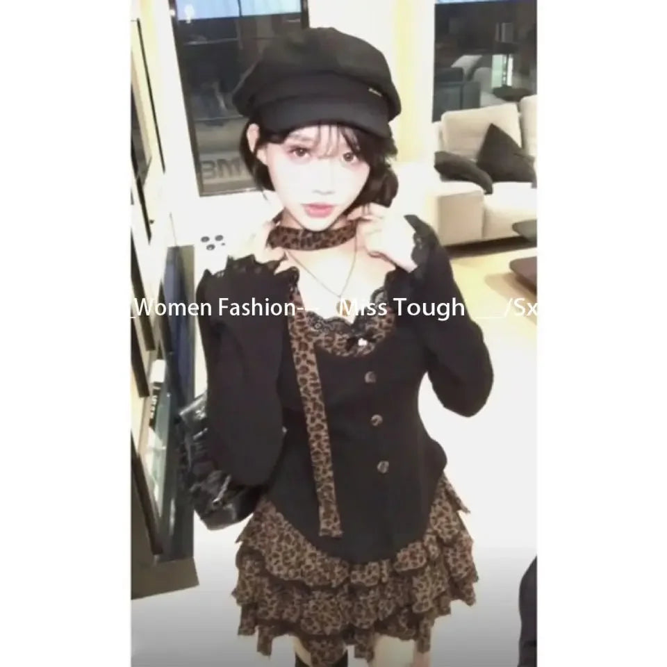 Aiertu Leopard Vintage Suits Women Design Elegant Y2k Thin Sweater Pullover + Mini Skirts Casual 2000s Clothing 2 Piece Skirt Sets Chic Aiertu