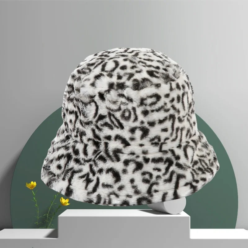 AIERTU  -  Leopard Print Faux Fur Bucket Hat Women Winter Warm Plush Fluffy Fisherman Cap Fashion Trendy Vintage Soft Cozy Wide Brim Hat Aiertu