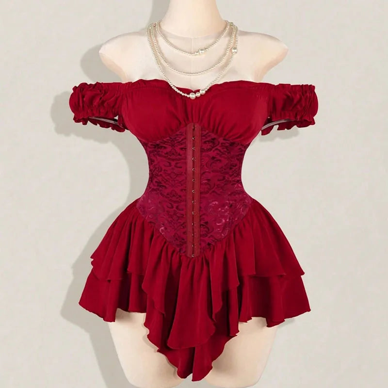 AIERTU  -  Women Dress A-line Lace Splicing Multi-layer Ruffle Edge Short Sleeve Off Shoulder High Waist Slim Solid Color Simple Mini Dress Aiertu