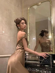 AIERTU  -  Summer French High End Fashion Evening Dress Women Sleeveless Asymmetric Collar Satin Bodycon Long Dress Elegant Chic Party Robe Aiertu