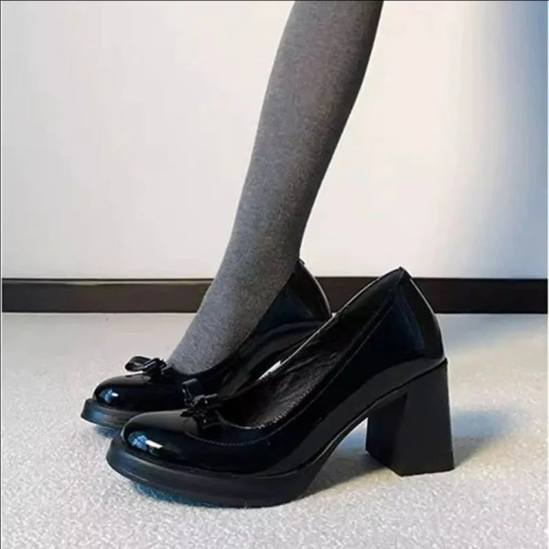 AIERTU  -  Vintage Bow Shallow Single Shoes Women Slip-On High Heels Block Heel Versatile Commuter Mary Jane Shoes Aiertu