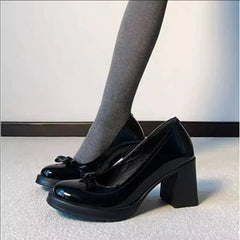AIERTU  -  Vintage Bow Shallow Single Shoes Women Slip-On High Heels Block Heel Versatile Commuter Mary Jane Shoes Aiertu